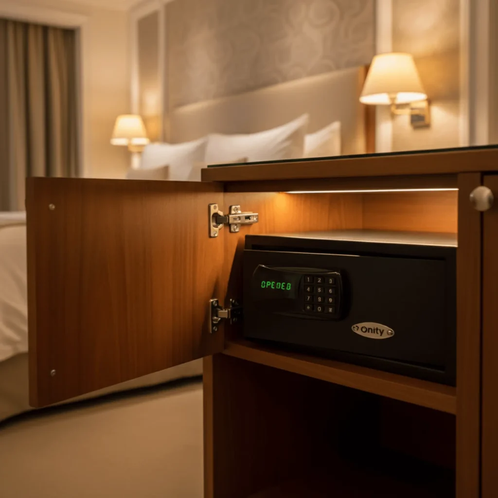 Electronic hotel safe installed inside a wooden cupboard in a modern, beautifully detailed hotel room.